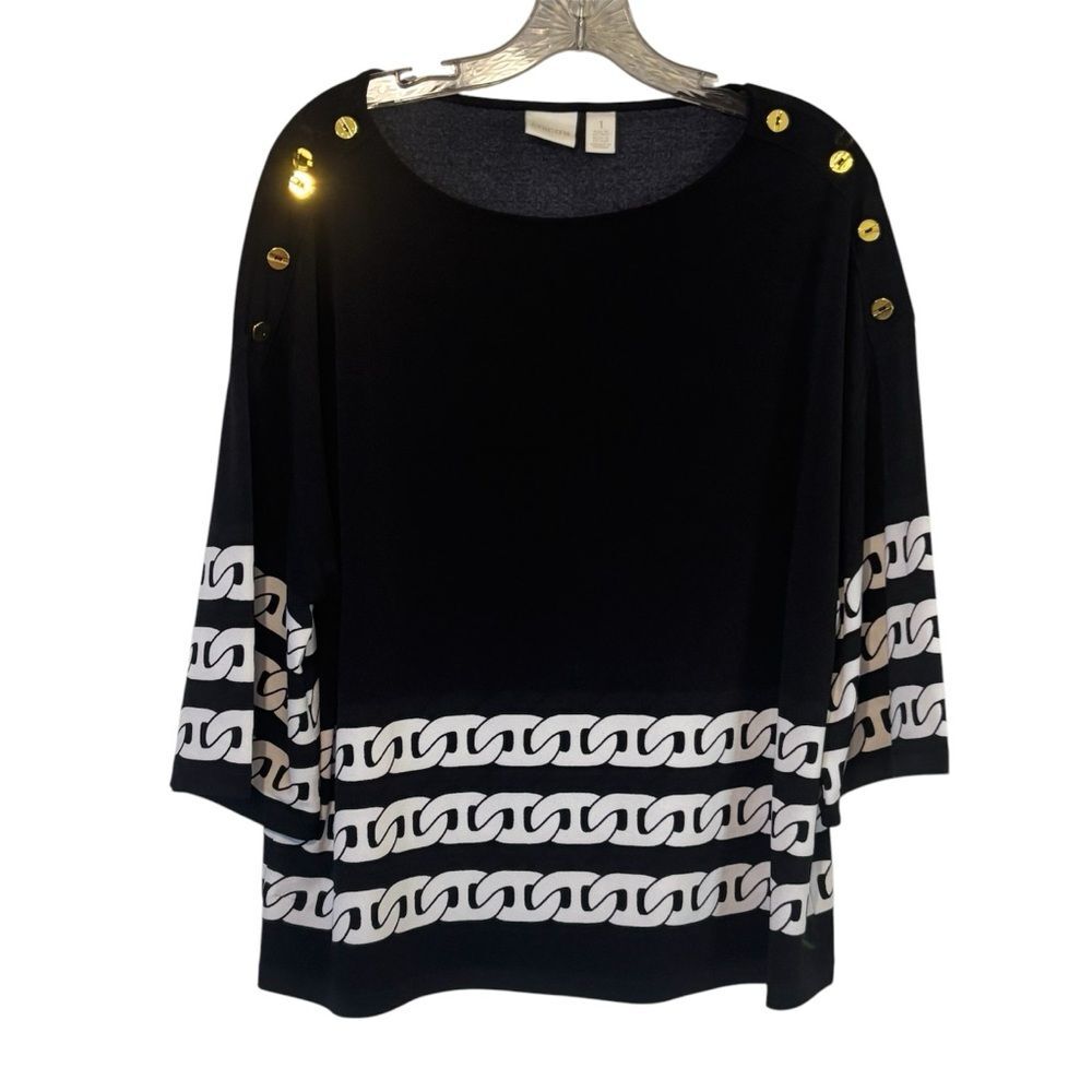 Chico’s Travelers Black and White Chain Print Women's Dressy Top